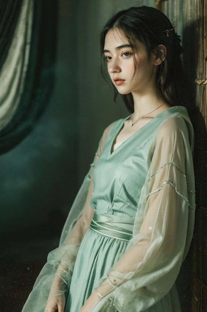 ( masterpiece, top quality, best quality,8k,17 years old girl,ultra detailed,raw photo:1.5),(photorealistic:1.4), (cinematic lighting), PerfectNwsjMajic, , Surrealism, UHD, ccurate, Super detail, textured skin, High detail, Best quality, dynamic angle, White skin,[Beautiful blue eyes], high nose,[flat chest:large breasts:0.5],(1girl),(good anatomy:0.5)), Dreamy atmosphere, Dark,expressive brush strokes, mystical ambiance, Artistic interpretation, Stunning Studio Ghibli style costumes, a whimsical illustration, Subtle colors and tones, mystical aura, 
