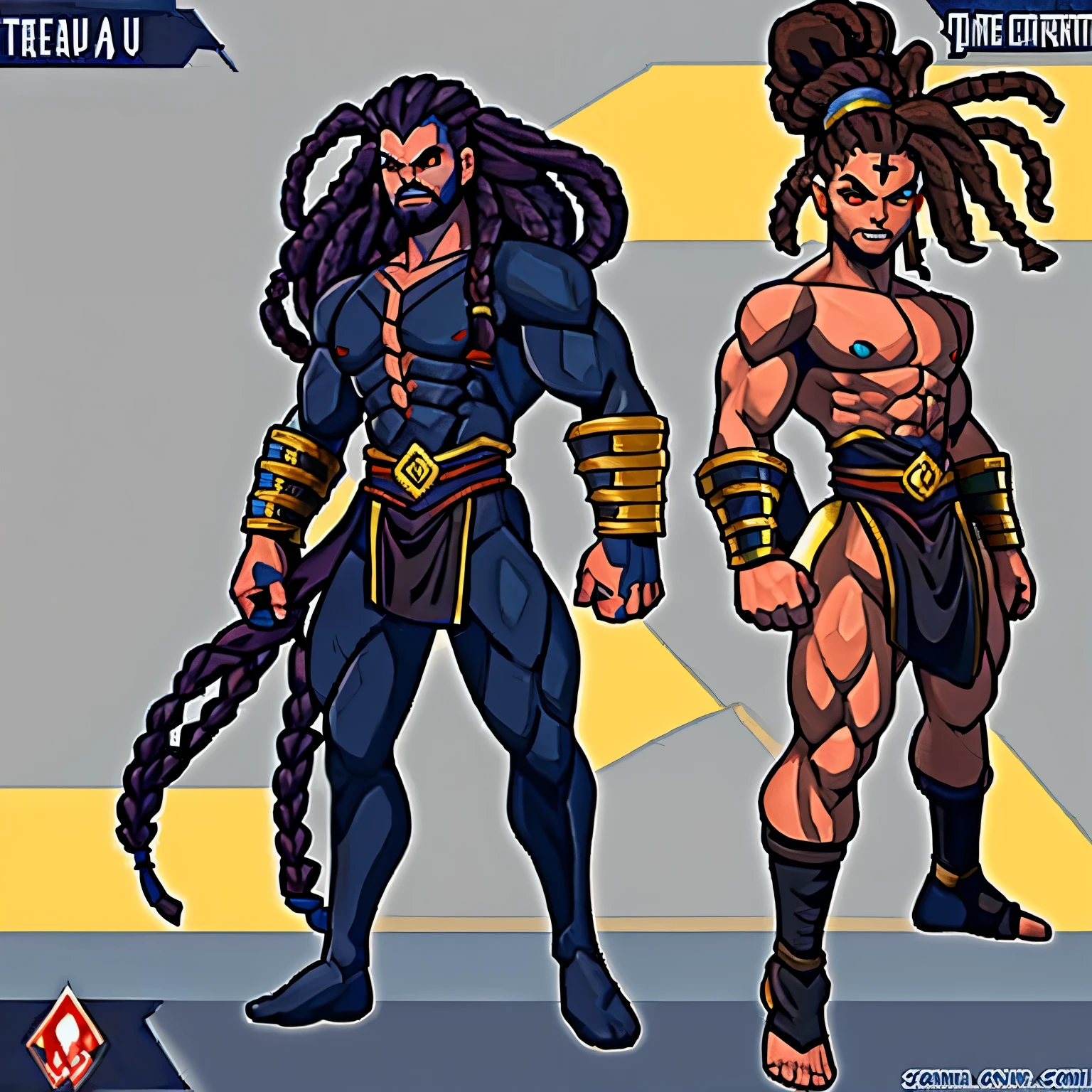 4 hommes de couleur de peau noir ,côte à côte dont un avec des dreads , le second avec des tresses et les autres avec des cheveux courts modélisés comme des personnages de jeu de combat comme tekken