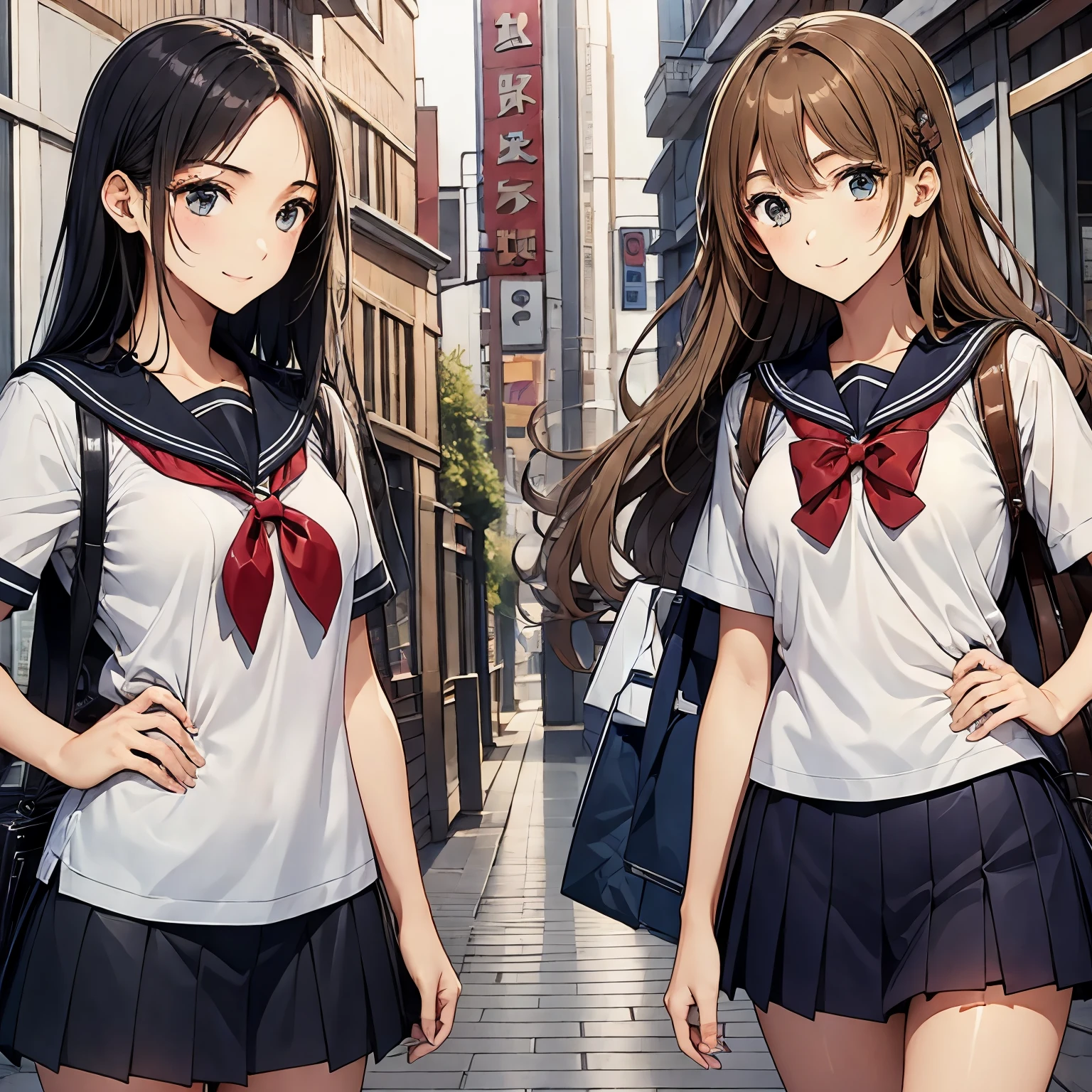 Shopping Street、two high school girls、seductive smile、Looking away、