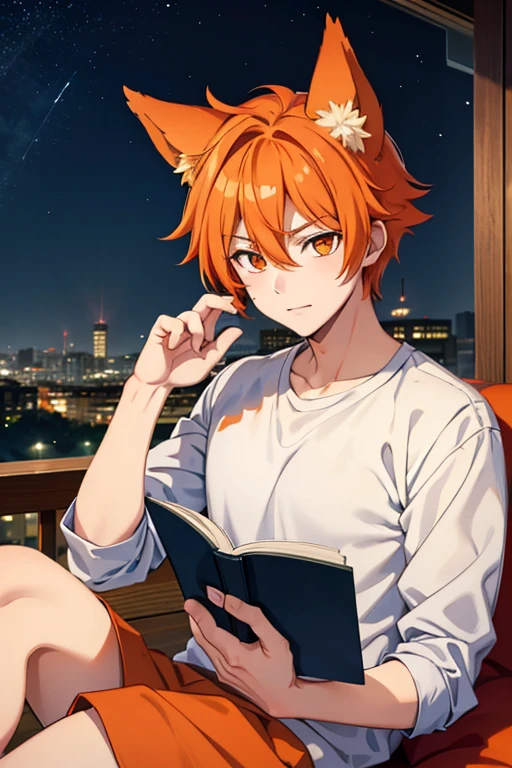 an orange haired male student with orange eyes and orange fox ears and an orange fox tail in a magical  is reading on the roof at night
