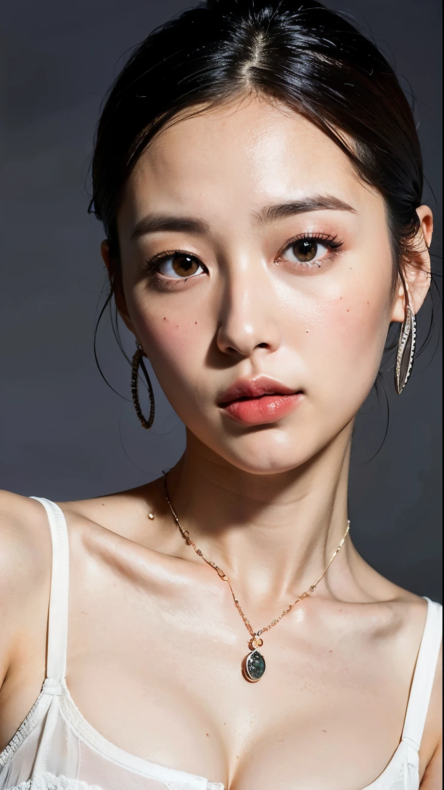 (highest quality, 8k, 32k, masterpiece, Ultra-high resolution:1.2),Beautiful Japanese Women Photos, very short bob hair,Upper Body,Face Focus,Earrings, necklace, Simple Background, View your viewers, Exposing shoulders, Sheer silk lace crop top,Mouth half open、Embarrassed look、blush:2.5、Large Breasts