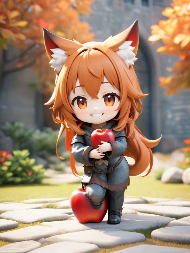(chibi:0.5), 3D figure, very cute and bautiful anime girl, Holo, (wolf-ears, fluffy-wolf-tail:2.5), (grin:3.0),solo, (head-to-body-ratio-is-one-to-four:5.0),(full body), photo of an figure, high quality photo, (holding the apple in the palm of hand:3.5),wheat field, (peace:3.5),cleary outlined, simple and flat background,(masterpiece:1.2), (best quality),(ultra detailed),(extremely detailed),(absolutely resolution) ,absurdres,8k, BREAK,(highly detailed face and eyes:3.5),(long hair, orange hair, red-eyes:3.5),(Clothing of medieval European villagers:5.5),(Intricate Iris Details,Depth and Dimension in the Pupils:2.5), 
