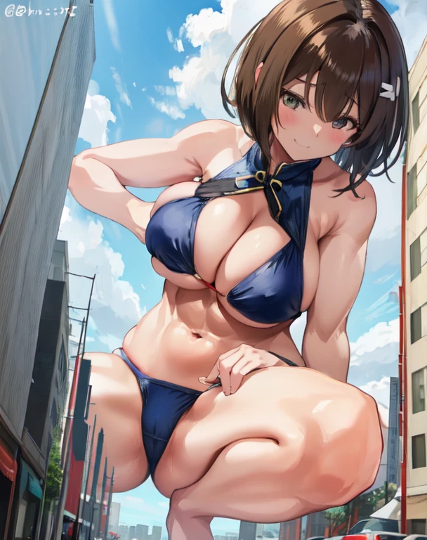 girl,Giant,Giant娘,Huge pussy,Looking down at the viewer,Squat,Being outdoors,A huge city at your feet,周りで一番大きいのはgirl,どの建物よりもgirlが大きい,City Centre,Bigger than Bill,ビルがgirlのひざあたりまで,Brown Hair,short hair,Mischievous Smile,Big Breasts,Big Breasts,Swimwear,bikini,There is a narrowing,There are also muscles in the abdominal muscles,Thighs,太いThighs,