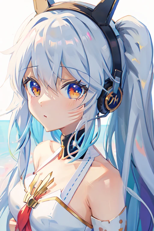 Anime Girl with headphones on her face and a white background, Anime cute art style, Anime visuals of cute girls, cute Anime Girl, (Anime Girl), Smooth anime CG art, Kawaii realistic portrait,『black hair』Tied with a high ponytail，Brown eyes， Use your index finger, From Girl Front, anime style portrait, Girl front style, Produced in collaboration with Anime Painter Studio, In the anime painter studio, an Anime Girl