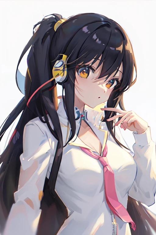 Anime Girl with headphones on her face and a white background, Anime cute art style, Anime visuals of cute girls, cute Anime Girl, (Anime Girl), Smooth anime CG art, Kawaii realistic portrait,『black hair』Tied with a high ponytail，Brown eyes， Use your index finger, From Girl Front, anime style portrait, Girl front style, Produced in collaboration with Anime Painter Studio, In the anime painter studio, an Anime Girl