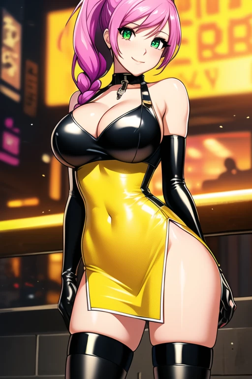 1 girl, 19 years old, Long pink hair, green eyes with slit pupils, master-piece, best quality, (standing up), (hair in a high pony braid), (yellow tight dress), (yellow short fishnet dress, black gloves, patent leather high heel boots, cleavage),  (Big , ultra gigantic , Super super big, Glamorous body), Make eye contact with the camera, front figure, looking forward, (light_Smile:1.5), (Detailed hands and fingers:1.2) (Cyberpunk City), (FULL BODYSHOT), thighs thighs thighs thighs、beauty legs、Bare legs
