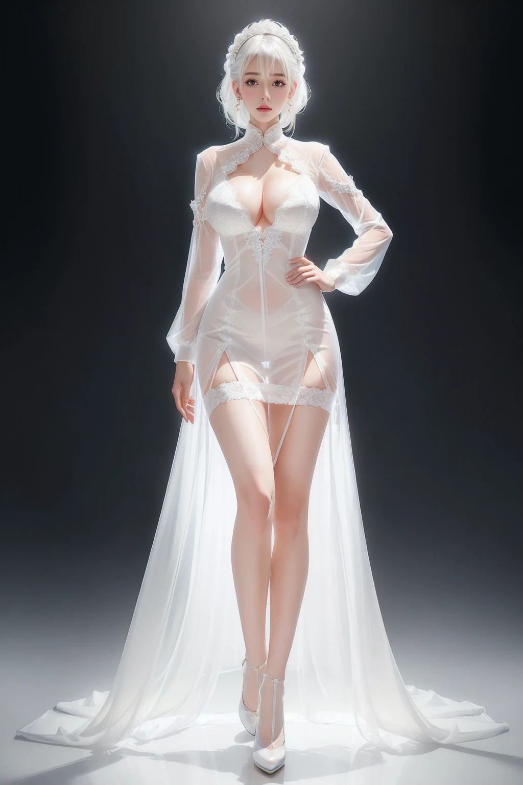 ((Show full body from head to toe, Standing, Body facing to the viewer (Show front body)). Balance focused camera view, Centered camera view, middle camera view, vertical scape camera. Gorgeous woman, exquisite eyes, perfect figure, Detailed facial expressions body, tall figure, slender body, Big Breast:1.5, Gorgeous, Leg length, 4K, HD, Sensual body, translucent lace, sensual figure, pretty face, white hair with bangs, updo, beautiful lips, beautiful and delicious body, woman in transparent dress, white stockings, five fingers straight, show heels. 8k Ultra HD, Ultra-clear portrait, bright lighting, fine details, smooth details. Photo studio background