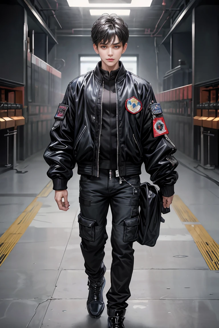 masterpiece, 最high quality, high quality, 1 boy, alone, male focus, looking at the viewer, whole body, Completely naked, messy short black hair, blue adorable big eyes, white people, A 20-year-old man wearing a black MA-1 bomber jacket with plenty of smooth padding.A 20-year-old man wearing a black MA-1 bomber jacket with plenty of smooth padding.