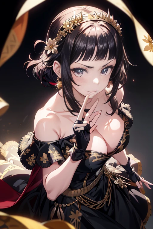 yor briar, anime style beutiful woman, 1girl, happy, sexy pause,(with sparkling eyes and a contagious smile:0.9),red face, closed mouth, beautiful detailed eyes, super detailed skin, backlighting, bare shoulders, black background, black dress, black gloves, black hair, breasts, dress, earrings, fingerless gloves, floating hair, floral print, flower, gloves, gold earrings, gold hairband, hair flower, hair ornament, hairband, holding, holding weapon, jewelry, large breasts, long hair, looking at viewer, off-shoulder dress, off shoulder,red eyes, short hair with long locks, sidelocks, solo, spikes, thighs, two-sided dress, two-sided fabric, weapon, fighting stance , face, close up, from above, highest quality, looking at viewer,high resolution.
