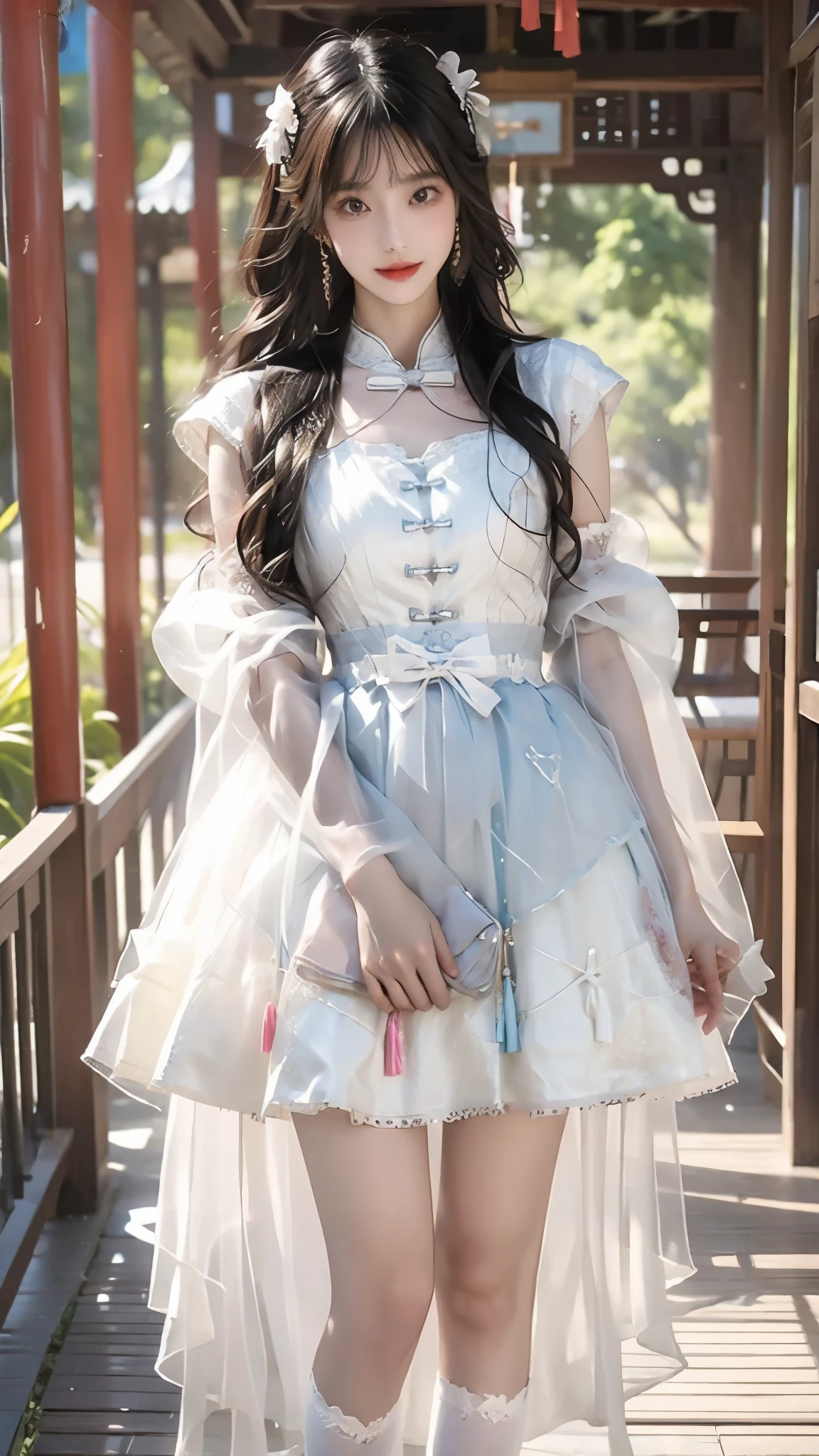 Super detailed, beauty, Madoka Higuchi, (smile), dynamic, ((slender, slender, shy, embarrassed)), tight white stockings, ((skin dents)), cyb dress, chinese clothes, detached collar, clothing cutout, wide sleeves, see-through sleeves, tassel，ruined temple, deep scene, erotic pose, (legs put at the back), solo,