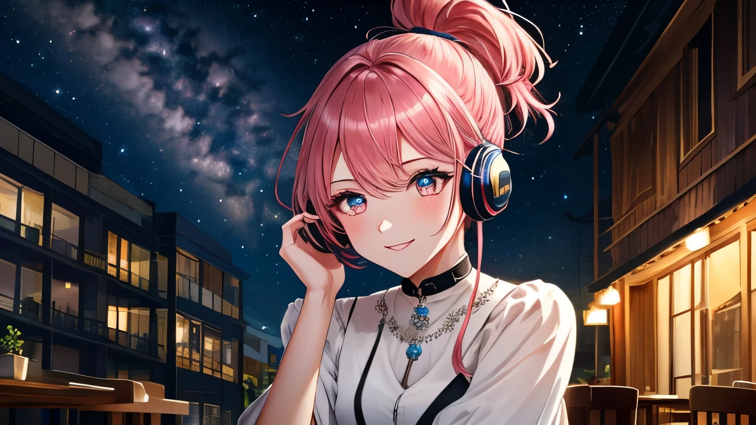 (simple hands: 0.5) + (Detailed hand: 0.7), (masterpiece), (highest quality), In white, red eye, 1 girl, Pale skin, In white, red eye, Pink Hair, ponytail,eyelash, handcuffs, jewelry, smile, Glowing Skin, Shiny Hair, Detailed and magnificent scenery, Fancy, Wide range, 1 girl, Pink Hair, Night Sky, Gazing at you、驚くほど精巧なCGイラストのmasterpiece, I felt better., beautiful I felt better. eye, beautiful detailed eye, eye, sparkling eye, Different colored eye, red eye, blue eye, Milky Way, nebula, (whole body), (curve),Wearing headphones,sit in a chair at a cafe restaurant,