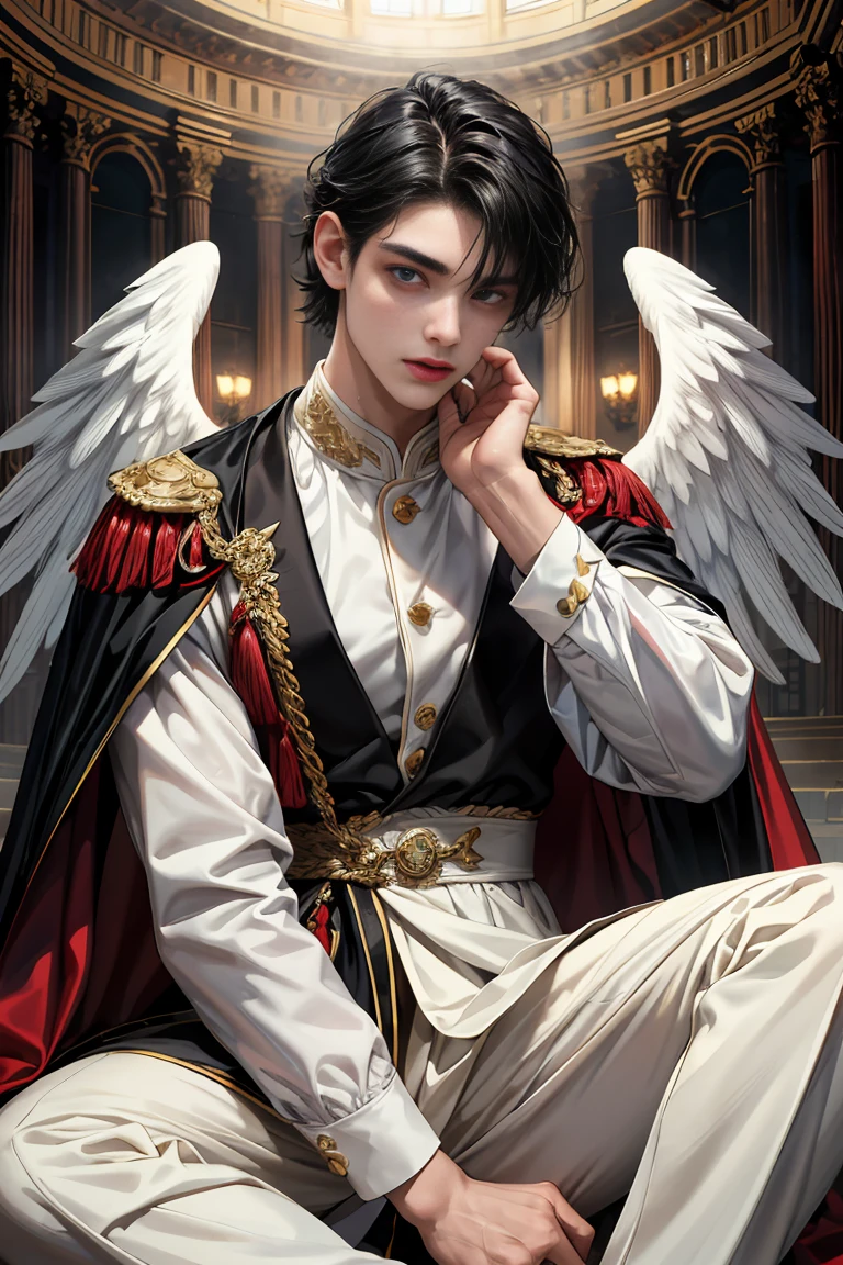 masterpiece, 最high quality, high quality, 1 boy, alone, male focus, looking at the viewer, Messy black hair, blue adorable big eyes, white people, Noble, Noble, beautiful angel、A very big, very big, very big, very long, long red and black cape made with a lot of fabric that reaches all the way down to the floor, ,cute beautiful boy,cute cute handsome boy
