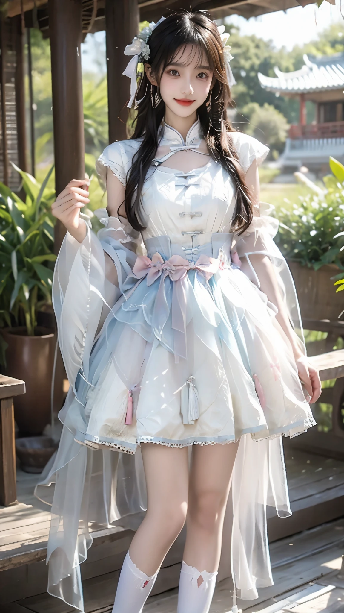 Super detailed, beauty, Madoka Higuchi, (smile), dynamic, ((slender, slender, shy, embarrassed)), tight white stockings, ((skin dents)), cyb dress, chinese clothes, detached collar, clothing cutout, wide sleeves, see-through sleeves, tassel，ruined temple, deep scene, erotic pose, (legs put at the back), solo,