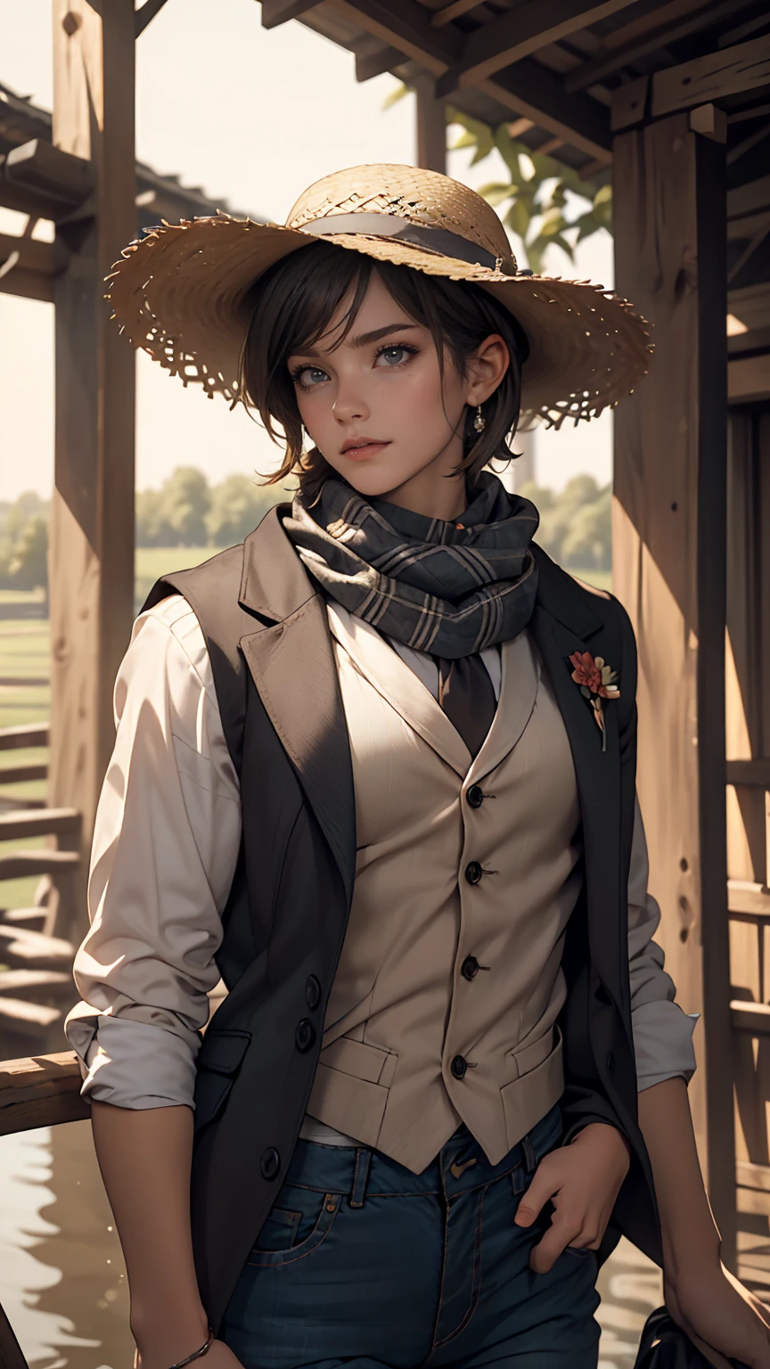 Portrait of a beautiful woman on a muddy farm:1.2 , Cowboy hat, Fringed waistcoat , pants, scarf , confidence , Mid-chest,