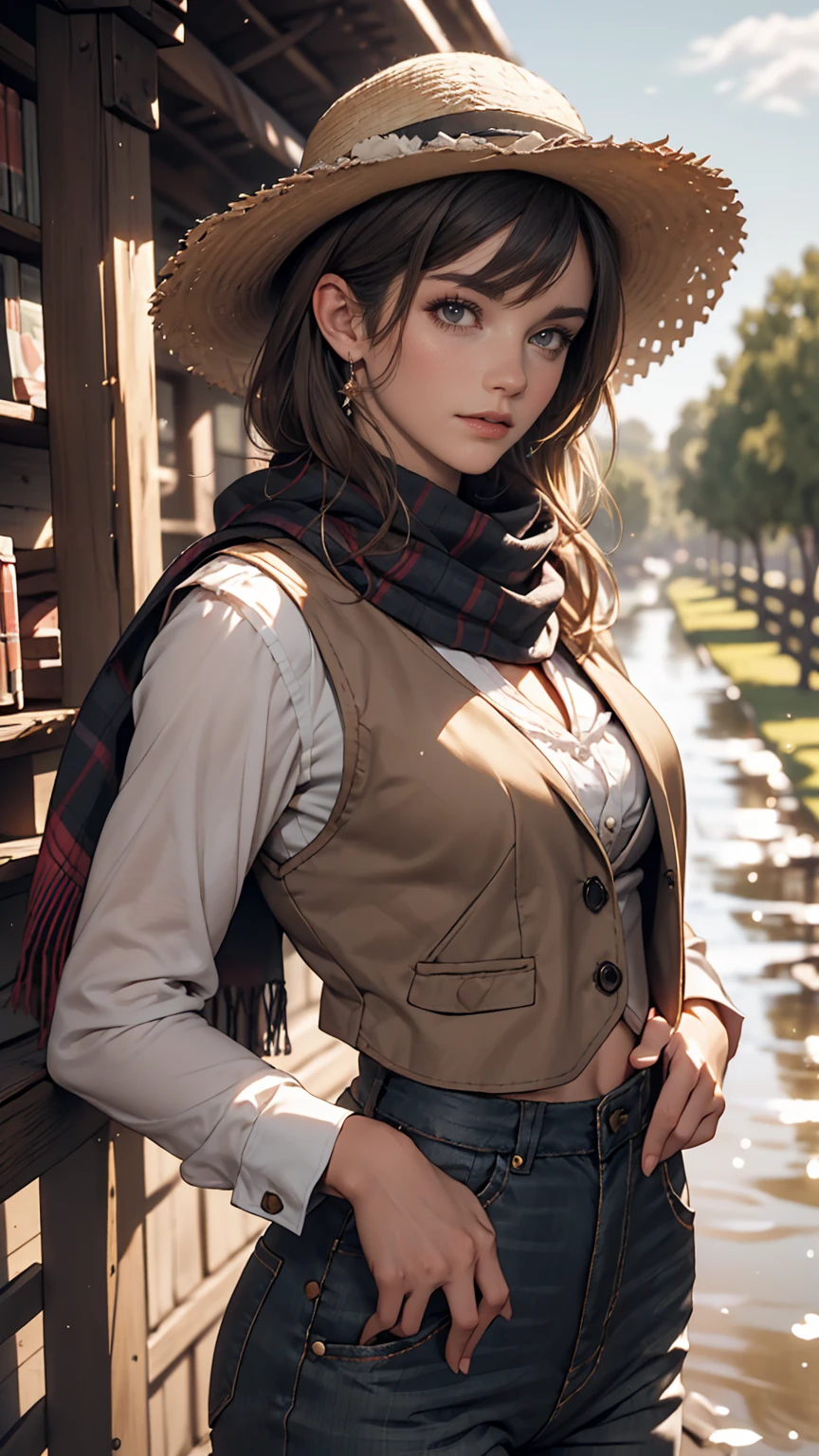 Portrait of a beautiful woman on a muddy farm:1.2 , Cowboy hat, Fringed waistcoat , pants, scarf , confidence , Mid-chest,