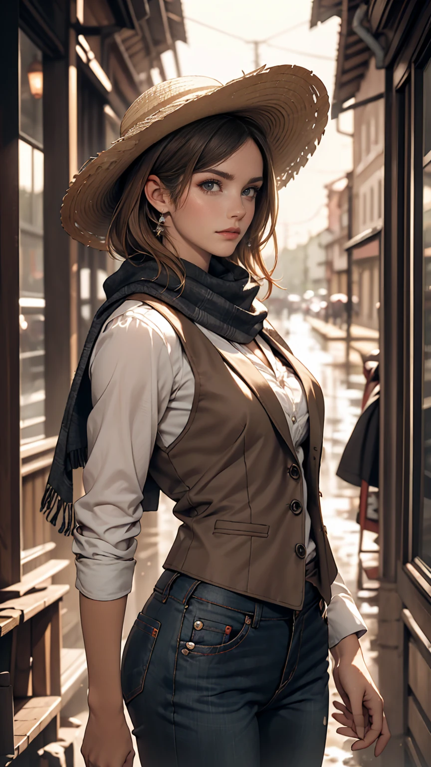 Portrait of a beautiful woman on a muddy farm:1.2 , Cowboy hat, Fringed waistcoat , pants, scarf , confidence , Mid-chest,