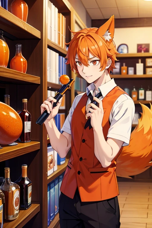 an orange haired male student with orange eyes and orange fox ears and an orange fox tail in a magical  is picking out a wand in a shop