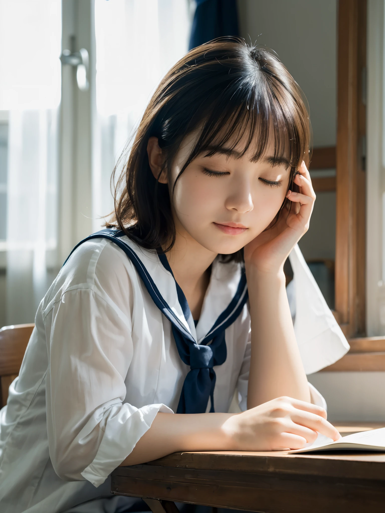 (highest quality,masterpiece:1.3,Ultra-high resolution),(Super detailed,Caustics,8k),(Photorealistic:1.4,RAW shooting),(School classroom),(Girl sleeping with her head on the desk:1.2),Sit on a chair,18-year-old,Japanese,Short black hair,(cute sleeping face),(Eyes closed:1.1),Sailor suit,(The light coming in from the window illuminates the girl:1.1),(Curtains fluttering in the wind),(Bust up shot),(Face Focus:1.1),(Face close up:1.1),Natural light