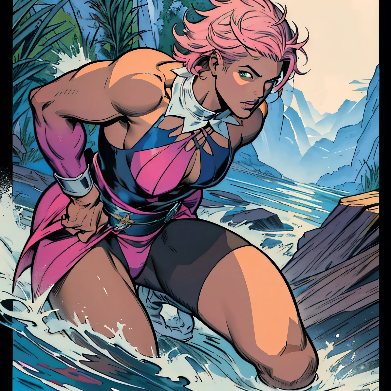 (parte mestre, melhor qualidade) Alisa Rosto bonito, Olhos verdes detalhados , roupas elegantes e detalhadas , swollen lips ,Flower accessories for short hair pink, (melhores detalhes) ( melhor qualidade) espetacular, dramatic scenery, tekken , anime digital illustration, estilo anime 4K, por Yang J, arte digital de anime detalhada, arte digital estilo anime, a beautiful art illustration, anime digital illustration, arte digital de anime, 8k arte detalhada de alta qualidade
