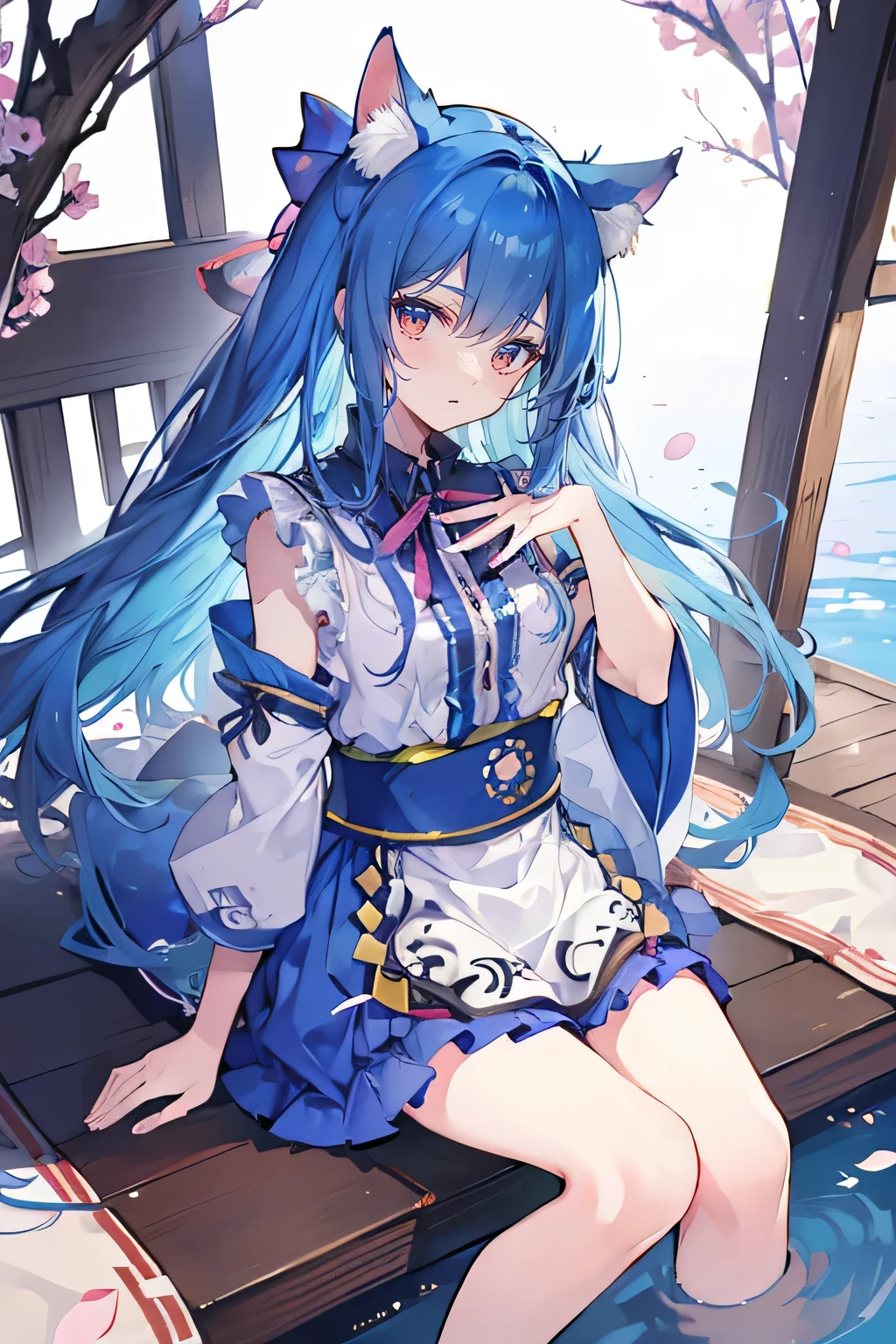 (masterpiece:1.2),ultra-detailed,realistic,expressive eyes,fair-skinned,perfectly shaped face,1girl,
Japanese cartoons,Gorgeous blue hair, flowing blue hair,floating clothes,cat ears,petals falling,beautiful Lola,Hina Angel,
hands on waist,gracefully sitting on the ground,legs crossed,gentle and serene background,cool and comfortable pavilion.