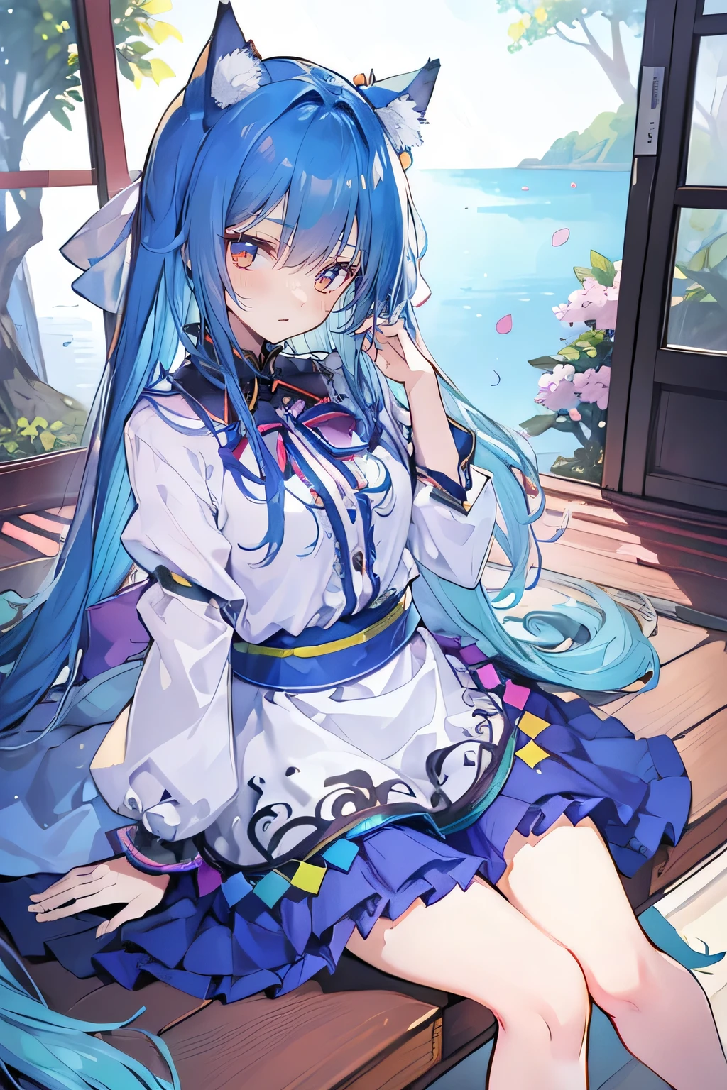 (masterpiece:1.2),ultra-detailed,realistic,expressive eyes,fair-skinned,perfectly shaped face,1girl,
Japanese cartoons,Gorgeous blue hair, flowing blue hair,floating clothes,cat ears,petals falling,beautiful Lola,Hina Angel,
hands on waist,gracefully sitting on the ground,legs crossed,gentle and serene background,cool and comfortable pavilion.