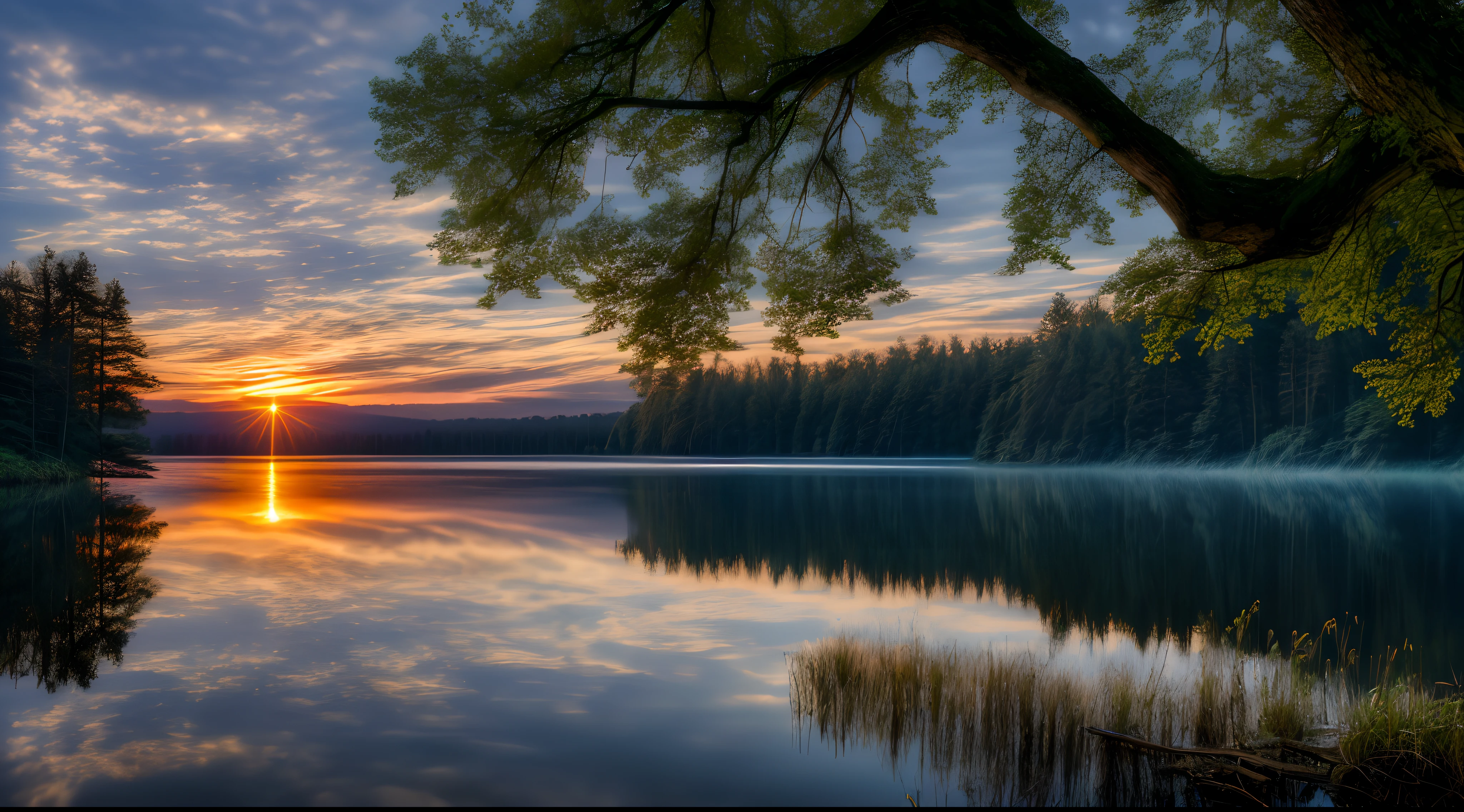 Wallpaper, summer, lake, dawn, forest, clouds, dawn background, depth of field, HD detail, hyperdetail, cinematic, soft light, deep field focus bokeh, ray tracing, diffuse (ultra-fine glass reflection) and realism. --v6