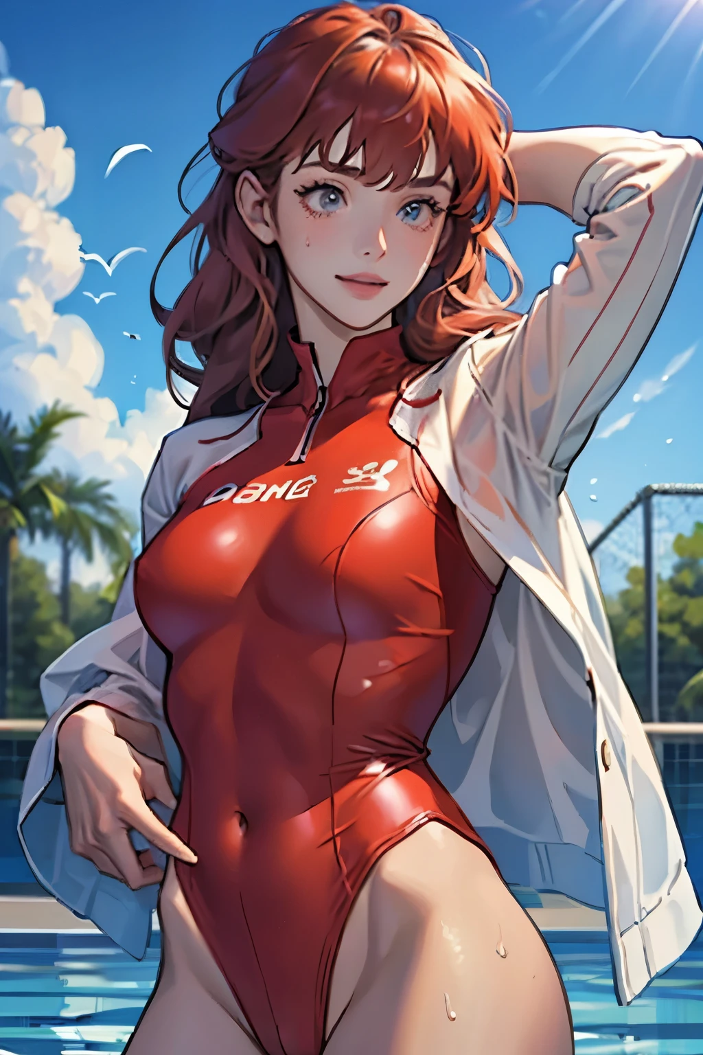 masterpiece、highest quality、High resolution、Two realistic girls、Competitive swimmer、Close-up of a person、Wearing a red bodysuit、During Competitive swimmerics competitions、smile、Swimming Venues、Sexy competitive swimsuit 