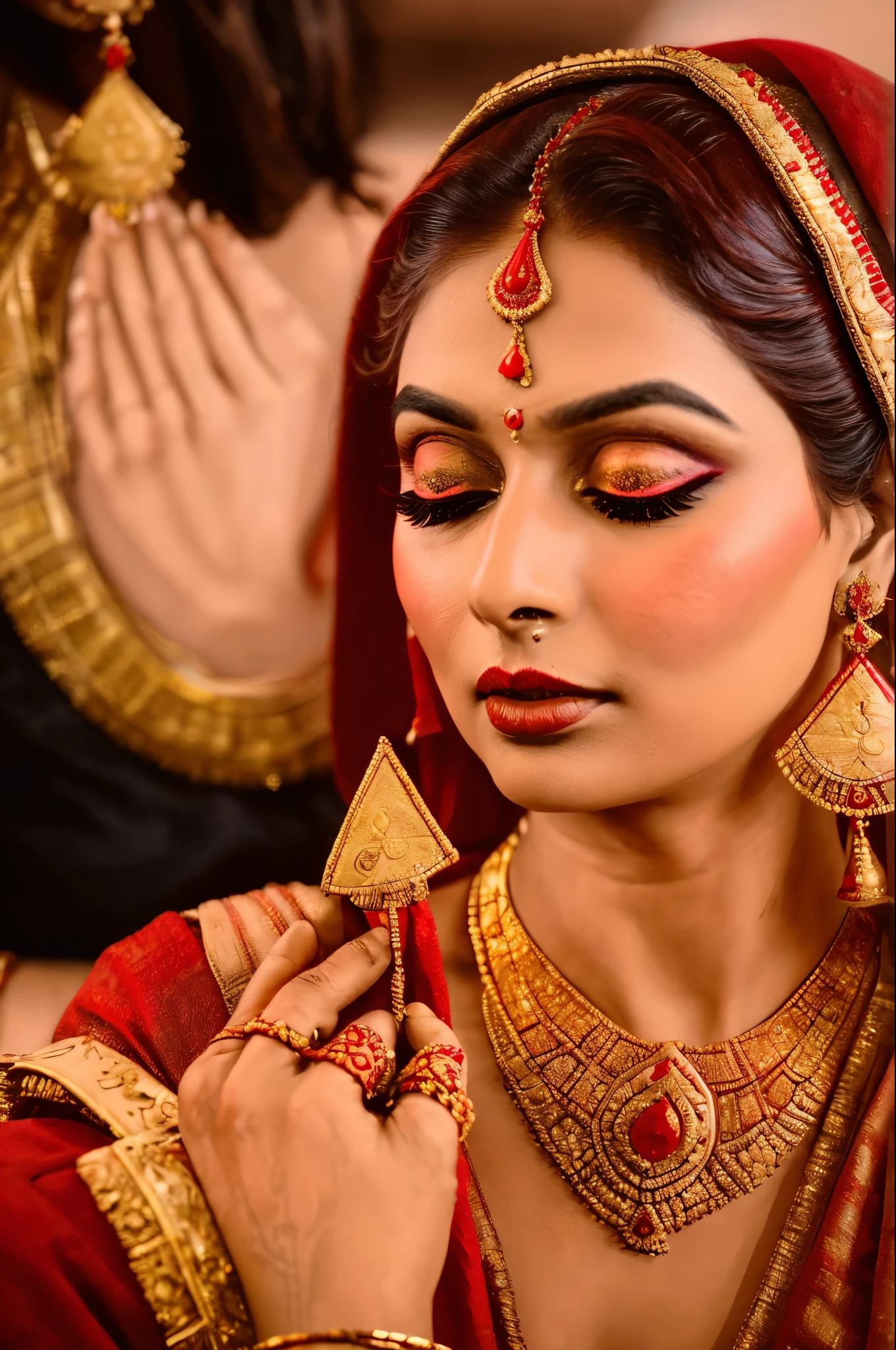 Red Heavy lehanga for Indian Bride with Heavy Gold Jewellery , Beautiful Women, Decent Dressing, Good Looks, Nice MakeUp, Cute Indian wedding Bride, Antique Jewellery all over, Heavy Earrings 
