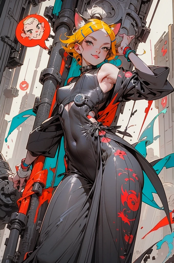 1 girl, yellow hair strokes, Cyan eyes, short detailed hair, Small cat ears, Cyberpunk clothes, There are a lot of hairpins in the hair, Shoulders open, Hands open, Slimming the waist, A happy smile with a long tongue sticking out, Long tongue, whole-length, legsupms, Reference, Anime reference, Reference roles from different angles, white backgrounid