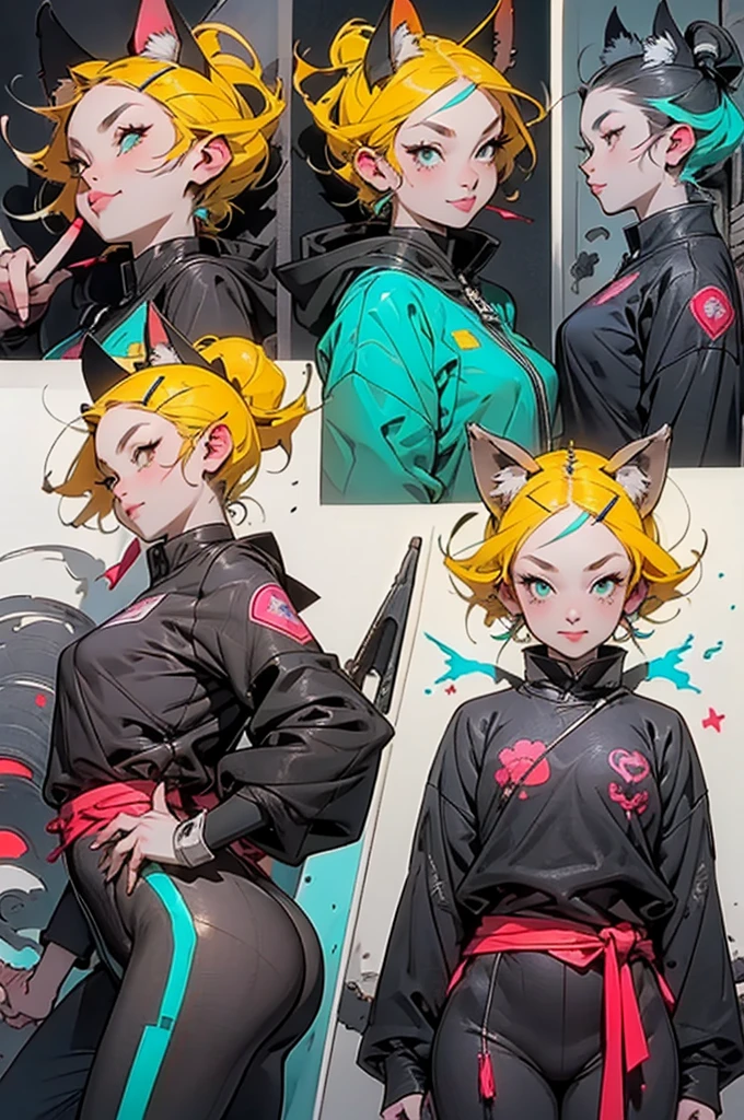 1 girl, yellow hair strokes, Cyan eyes, short detailed hair, Small cat ears, Cyberpunk clothes, There are a lot of hairpins in the hair, Shoulders open, Hands open, Slimming the waist, A happy smile with a long tongue sticking out, Long tongue, whole-length, legsupms, Reference, Anime reference, Reference roles from different angles, white backgrounid