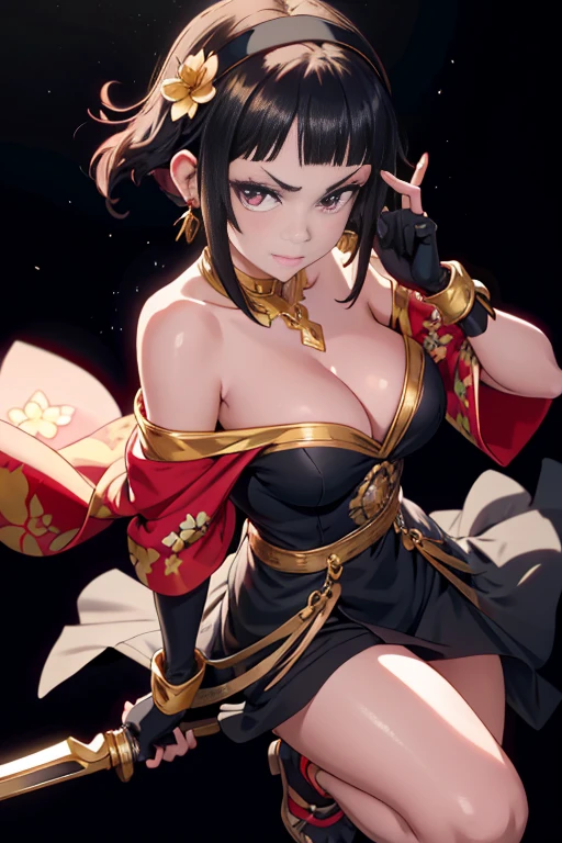 yor briar, anime style beutiful woman, 1girl, happy, sexy pause,(with sparkling eyes and a contagious smile:0.9),red face, closed mouth, beautiful detailed eyes, super detailed skin, backlighting, bare shoulders, black background, black dress, black gloves, black hair, breasts, dress, earrings, fingerless gloves, floating hair, floral print, flower, gloves, gold earrings, gold hairband, hair flower, hair ornament, hairband, holding, holding weapon, jewelry, large breasts, long hair, looking at viewer, off-shoulder dress, off shoulder,red eyes, short hair with long locks, sidelocks, solo, spikes, thighs, two-sided dress, two-sided fabric, weapon, fighting stance , face, close up, from above, highest quality, looking at viewer,high resolution.