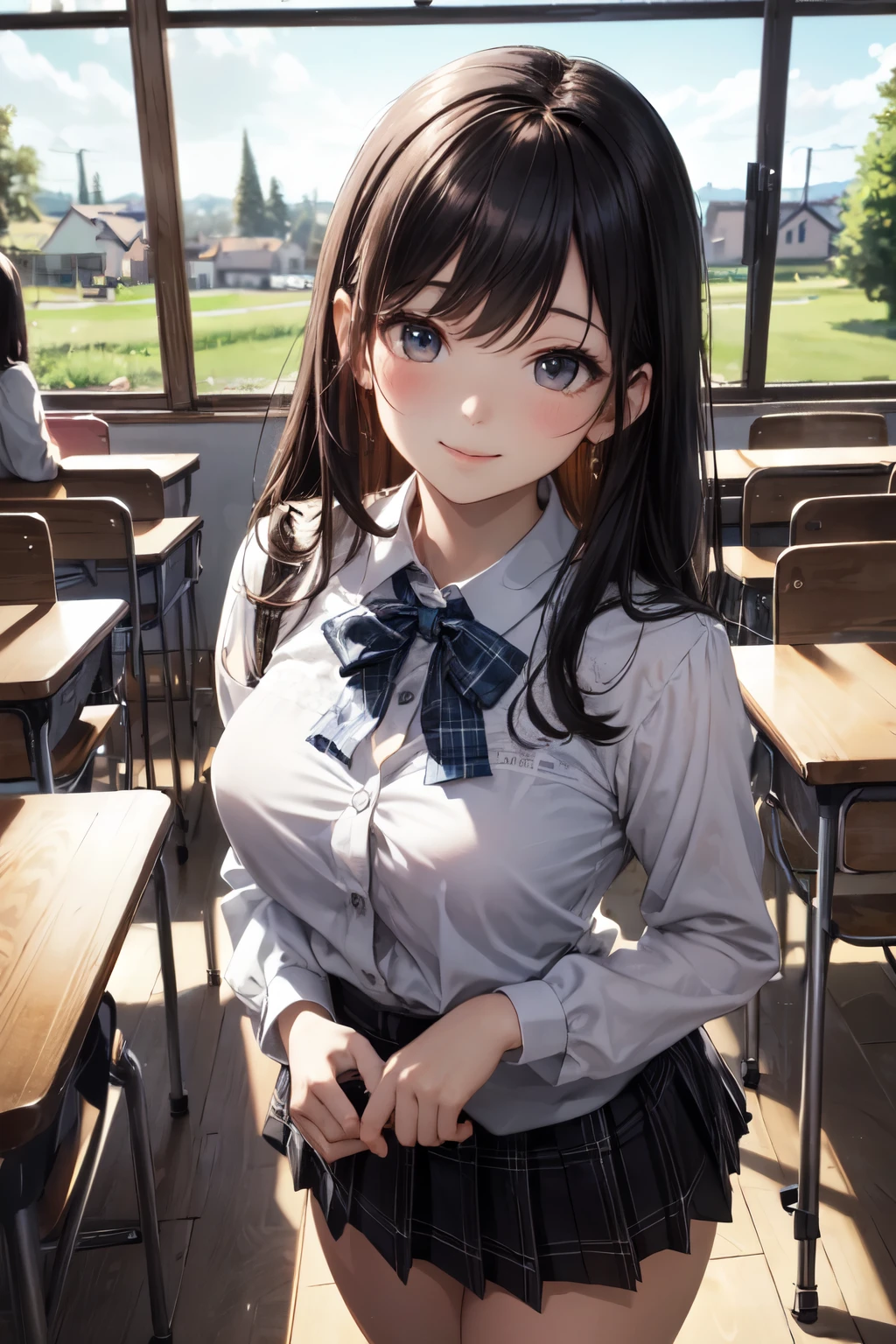 very cute and beautiful girl,(highly detailed beautiful face),
(smile),blush,black hair,white blouse,ribbon,(pleated plaid mini skirt),standing,(skirt lift),(laced white panties),
wooden classroom,window,distant trees and town,
(best quality,masterpiece:1.0),absurdres,highres,ultra-detailed,extremely detailed,32k,8k resolution,
intricate details,cinematic scene,detailed background,solo,dynamic angle,realistic,
