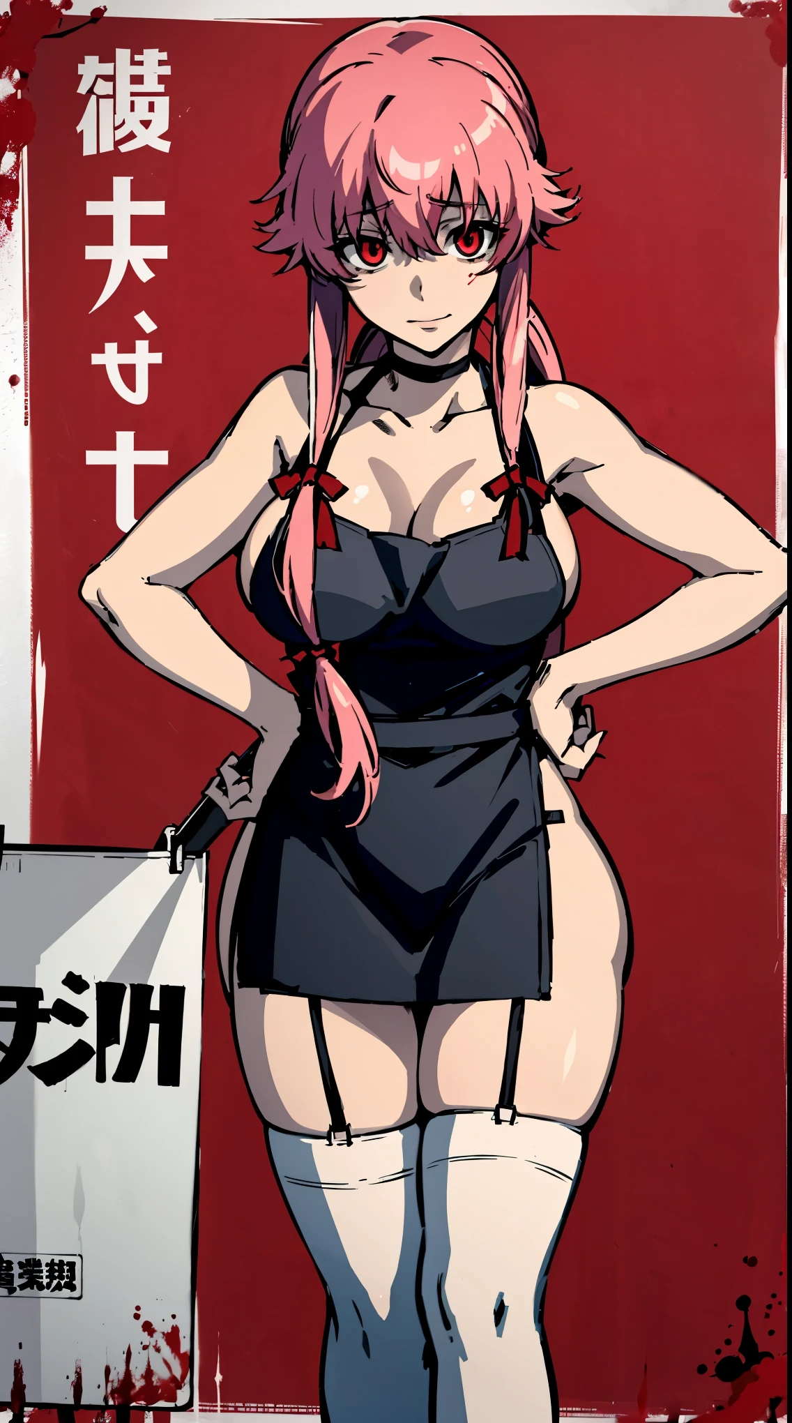 a horror movie poster of yuno gasai wearing an apron stained in blood and she as a sinister look and she has a crazed smile, the apron is stained in blood and her (large breasts:1.5) are exposed and she's also wearing black thigh highs and a black gothic choker,and the posters title is ((psycho)), and her eyes are red
