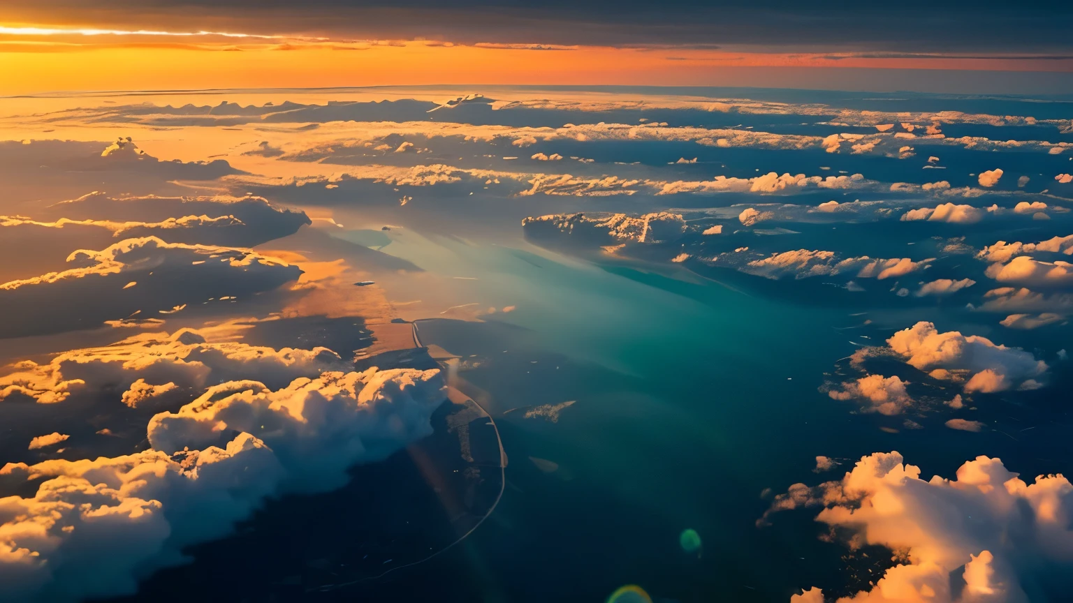 The bottom 1/3 of the angle of view is the calm blue sea, horizontal clouds above the sea, many streaks of light shining on the sea from above down through the gaps in the k clouds, the clouds are almost tinted orange by the setting sun, the best view in the world, the horizon line is the bottom 1/3 of the angle of view