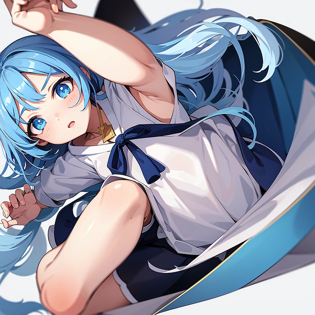 vtuber-halfbody、Bangs shorter than eyebrowasterpiece、Best Quality、Best illustrations、Super detailed、Upper Body、solo、1 girl、looking at the camera、upright、Arms at your sides、Beautiful detailed eyes、Concept Art、from the front、White background、Simple Background、Droopy eyes and big eyes、Super detailedな眼、Sparkling eyeilky white and blue gradient long hair、Short sleeve、water colored pencils、kind face、blush、Virtual YouTuber、