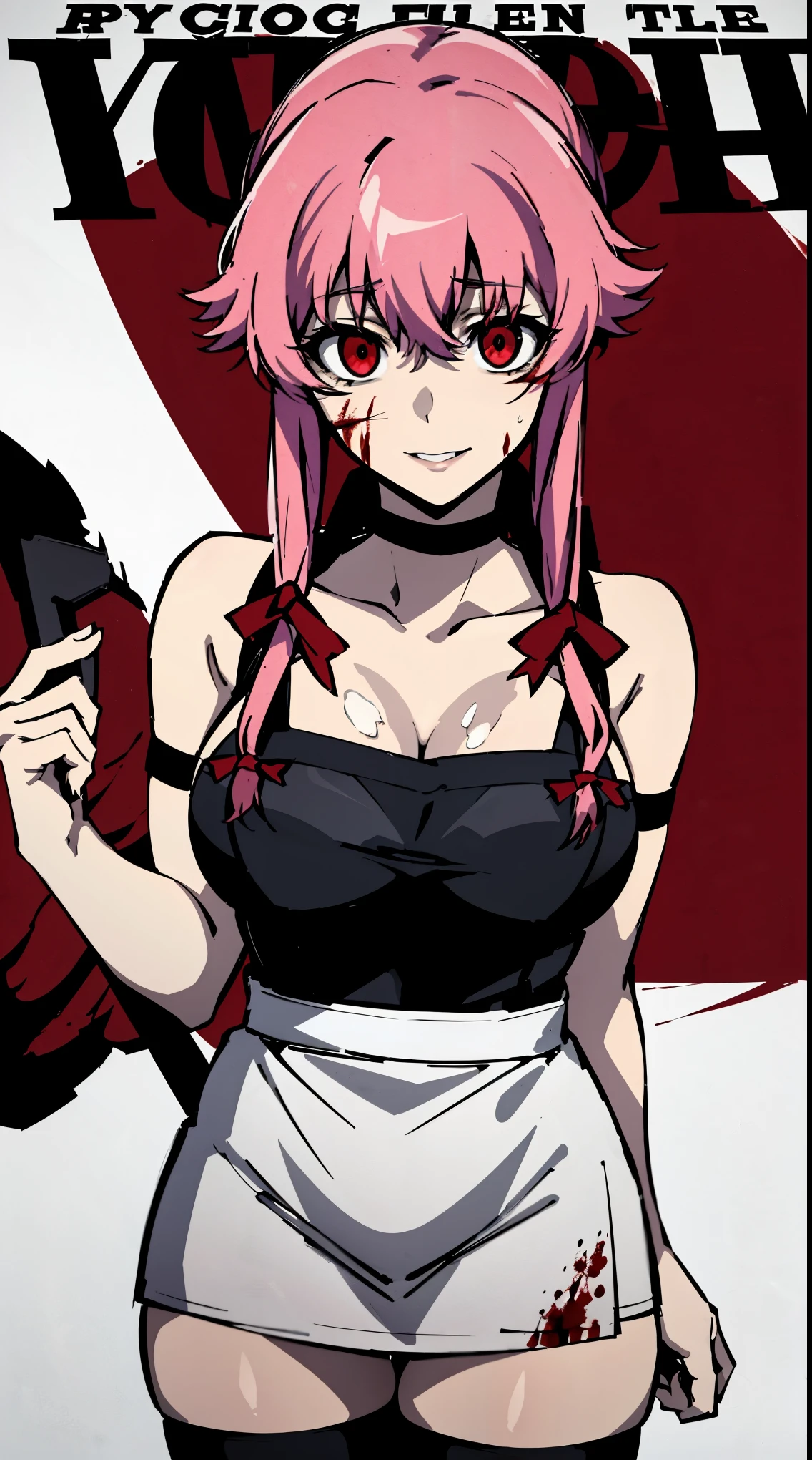 a horror movie poster of yuno gasai wearing an apron stained in blood and she as a sinister look and she has a crazed smile, the apron is stained in blood and her (large breasts:1.5) are exposed and she's also wearing black thigh highs and a black gothic choker,and the posters title is ((psycho)), and her eyes are red