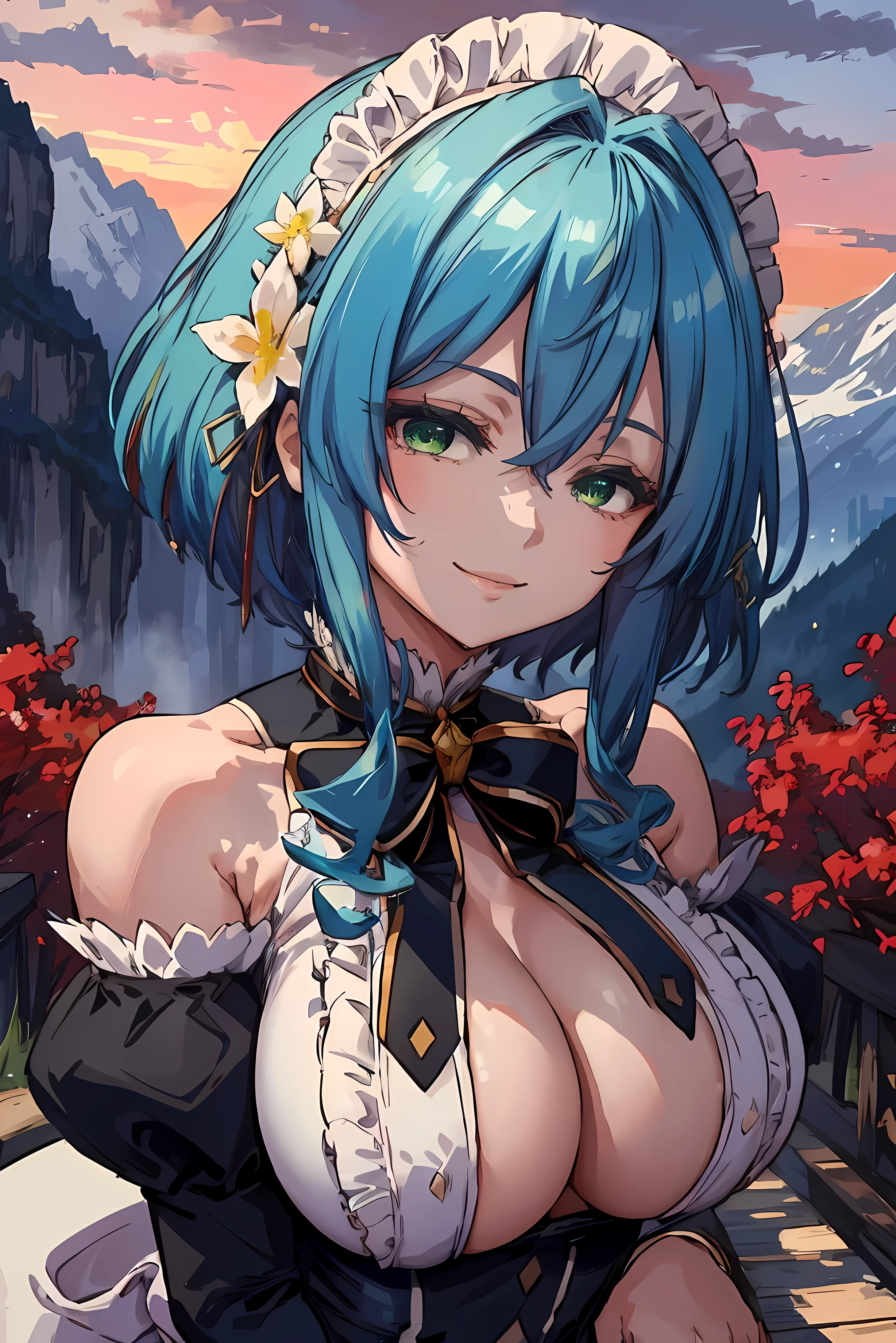 (masterpiece),(best quality), villhaze, 1girl, blue hair, short hair, bangs, green eyes , hair between eyes, hair ornament, maid headdress, hair flower, sidelocks, medium breasts, crazy face, upper body, persistent stare, mountains, forest, looking at the viewer, red sky, yandere trance, yandere, hands on own face,hands on own cheeks, blank eyes, blush, large smile, yandere smile