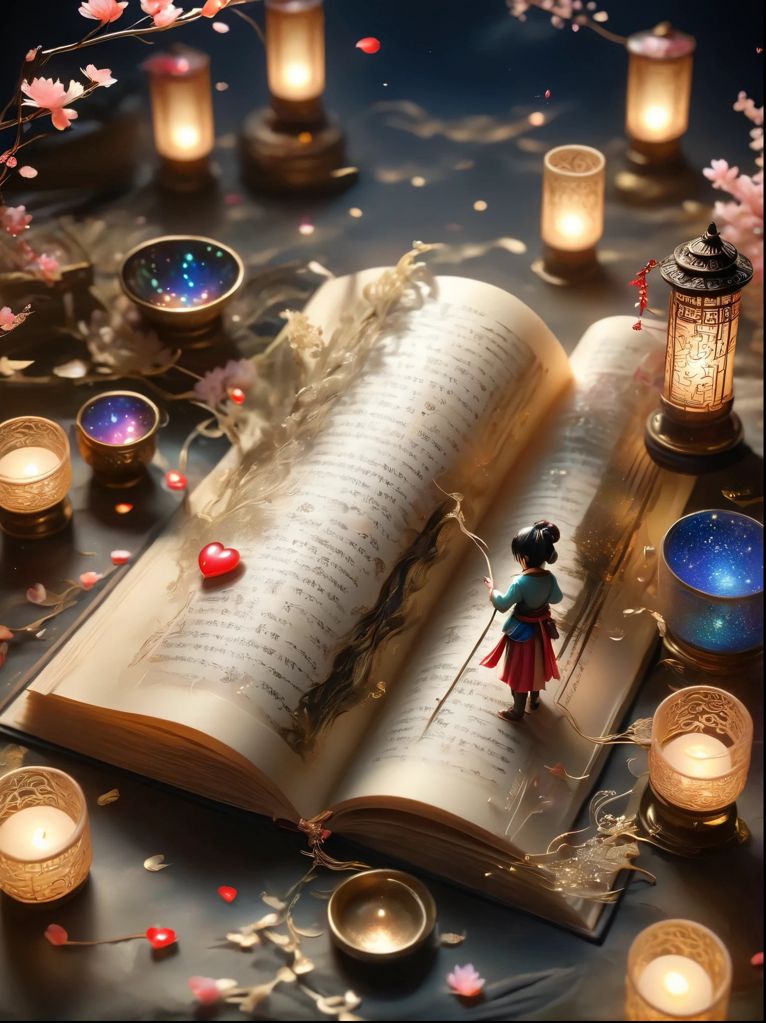 Three-dimensional ancient style,Romantic ancient style,Dark night shimmer,Elegant and simple,3 tiny people,Macro Photography,Suspension,Rolled up rice paper filled with calligraphy,High Angle Shot,Depth of Field,Bioluminescence,Chen Jia Leng,Quiet atmosphere,Fantastic,Exquisite details,Graphic illustration,Fluorescent Color,Anime Characters,Backlight,The book is very busy and the heart is shining,Beige tones,Concept Design,Decorative illustrations,Rich,Micro Rendering,Movie Light