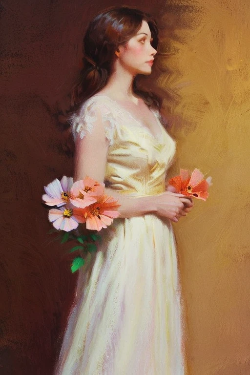 chiaroscuro technique on sensual illustration of an elegant , retro and vintage white dress ,Chocolate Cosmos (Cosmos atrosanguineus) around body, matte painting, by Hannah Dale, by Harumi Hironaka, extremely soft colors, vibrant, pastel, highly detailed, digital artwork, high contrast, dramatic, refined, tonal, golden ratio,