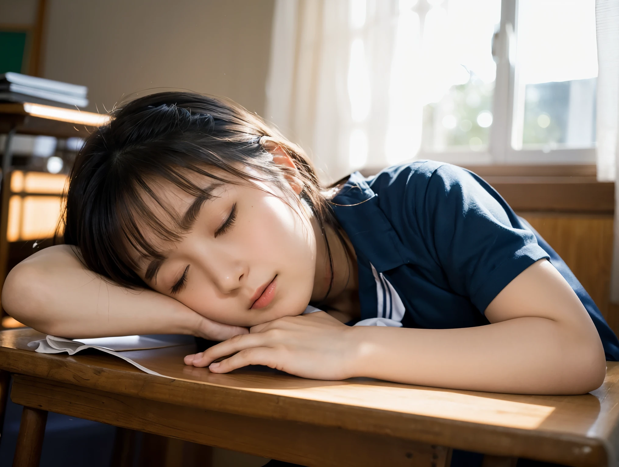 (highest quality,masterpiece:1.3,Ultra-high resolution),(Super detailed,Caustics,8k),(Photorealistic:1.4,RAW shooting),(School classroom),(Girl sleeping with her head on the desk:1.2),Sit on a chair,18-year-old,Japanese,Short black hair,(cute sleeping face),(Eyes closed:1.1),Sailor suit,(The light coming in from the window illuminates the girl:1.1),(Curtains fluttering in the wind),(Bust up shot),(Face Focus:1.1),(Face close up:1.1),Natural light