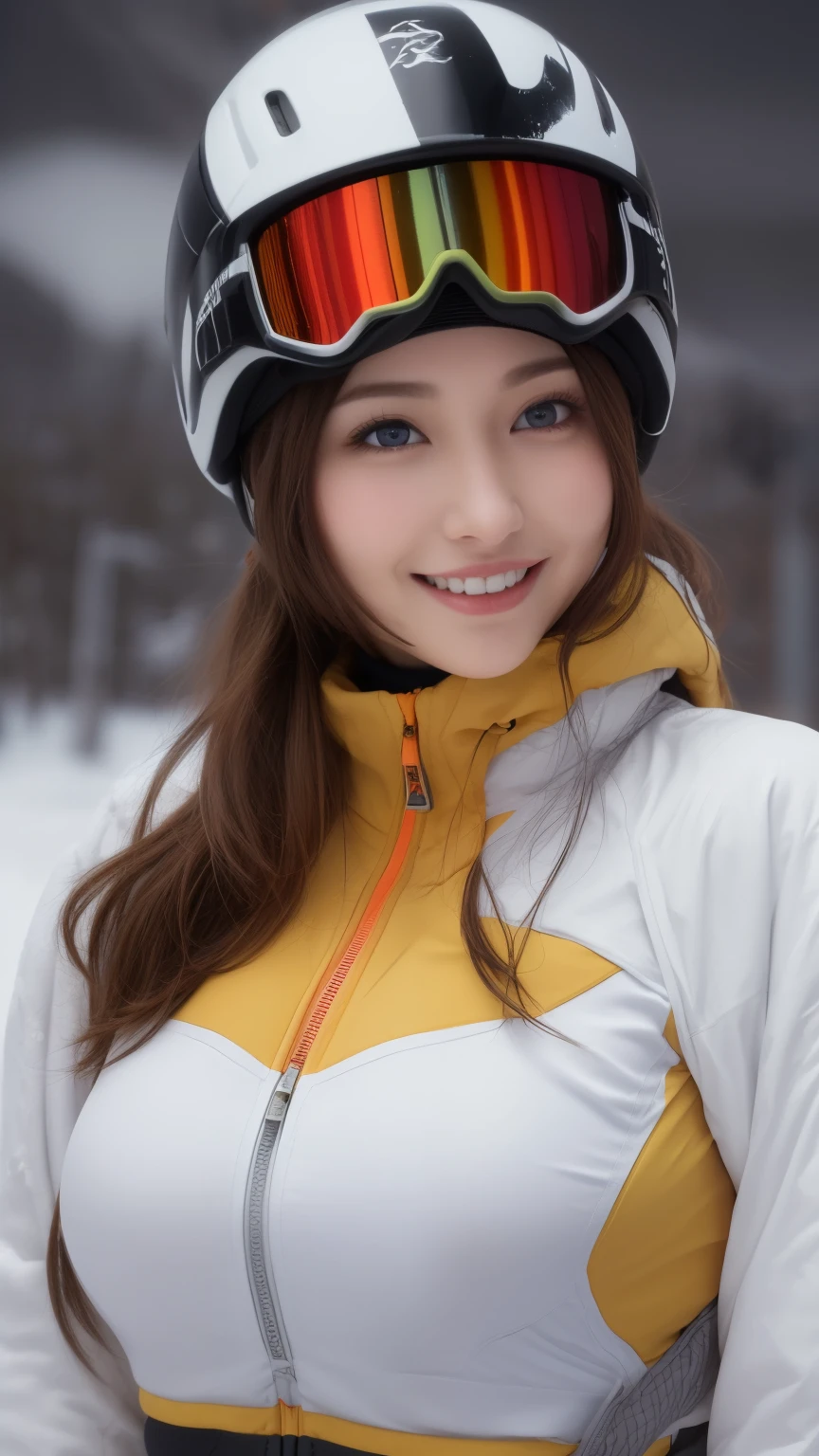 table top, highest quality, shape, Super detailed, finely, High resolution, 8k wallpaper, Perfect dynamic shape, beautiful and detailed eyes, natural lip, , big breasts, whole body,cleavage((ski helmet))(((The background is a ski resort)))(((wear ski wear))) Smile