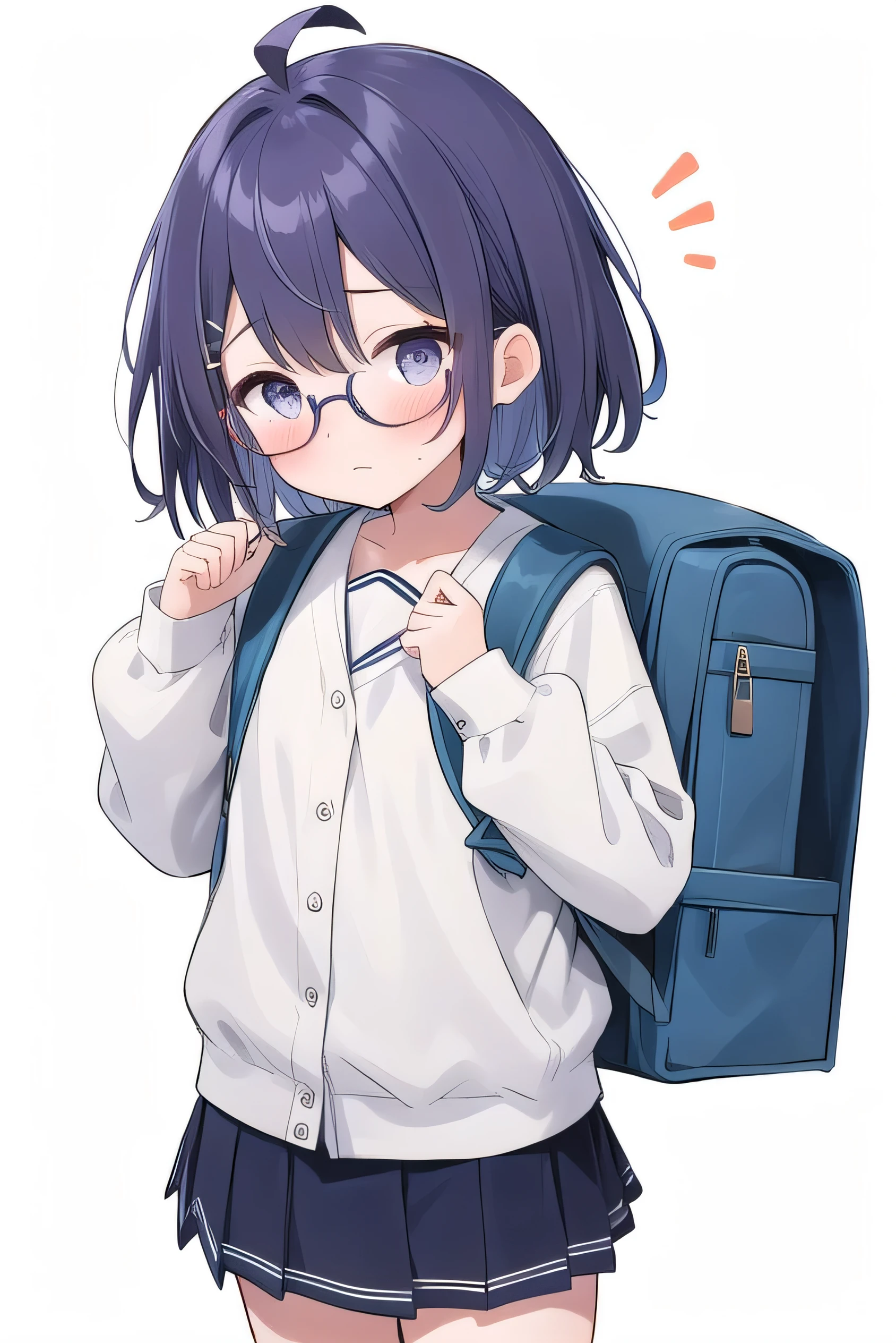 Purple hair, gray eyes, white , navy blue miniskirt, 11 years old, short, short long hair, kind expression, shy, backpack, almost no breasts, slightly exposed. hair,(flipped hair ), flipped hair, long sleeves, ahoge, girl alone, flipped hair, flipped hair, flipped hair, flipped hair, glasses with no edges, embarrassed, flat chest