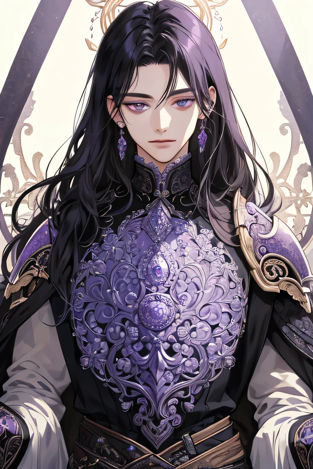 (extreamly delicate and beautiful:1.2), 8K,(masterpiece:1.0),(best_quality:1.0), 1boy, and intricate detailing, Enlarged textures, and intricate detailing, finely ekspressive eye and detailed face, and intricate detailing, shiraga, Black long hair, (closed mouths), Perfect eyes, Equal eyes, purple eyes (A male god) with body armor
