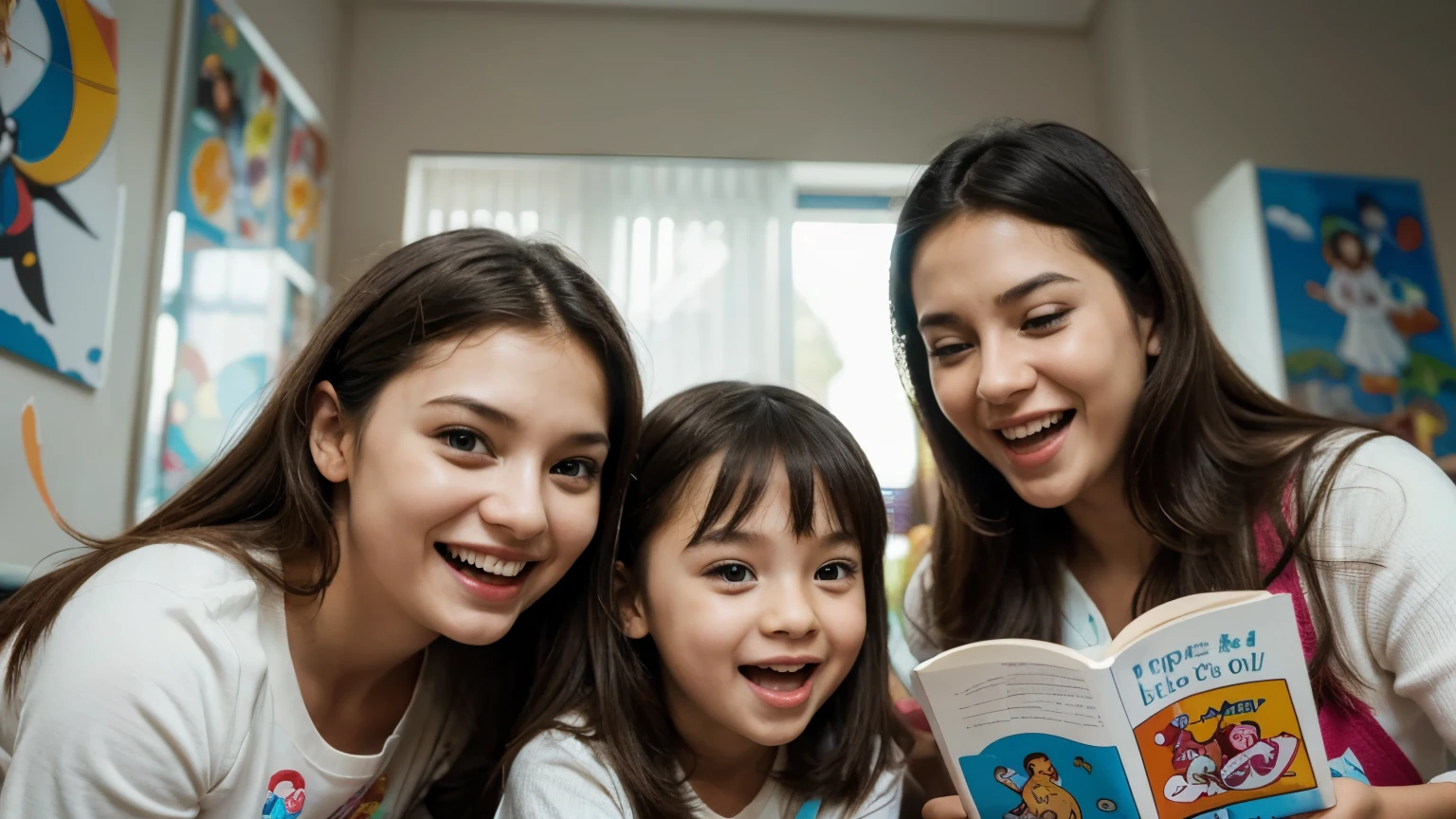 reading, (vector background:1.1), kids playing, (beautifully illustrated with, playful atmosphere, vector quantity, illustrations,detailed characters,excited expressions,happy children, world, cheerful mood, joyful activities, kids having fun,inside scene, lively background,pets,interacting with kids,enjoying the moment) (best quality,ultra-detailed,highres,professional:1.2),HDR, soft lighting,expressive and dynamic poses,