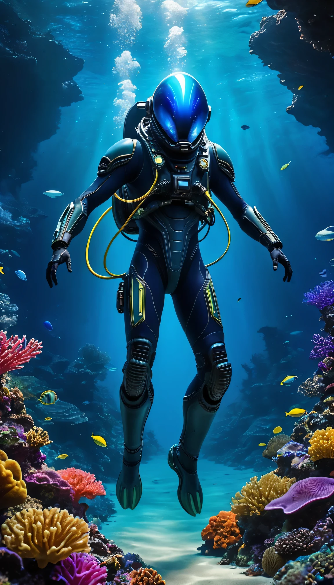 An alien diving in the deep sea,Underwater exploration,Beautiful and colorful marine life,glowing coral reef,Bioluminescent organisms,Alien Technology,The diving suit of the future,Mysterious underwater environment,Crystal clear water,Mysterious underwater cave,Alien interaction with marine life,Alien presence in the deep sea,The high-tech future of underwater lighting,Alien underwater communication equipment,Aliens' ability to breathe underwater,Aliens' fascination with the vibrant colors of the deep ocean,Otherworldly creatures roam around,Unexplored underwater ecosystems,Alien holographic navigation system,(Best quality,4k,8k,High-rise buildings,masterpiece:1.2),Super Fine,(lifelike,Photo Realism,Photo lifelike:1.37),HDR,Ultra HD,Studio Lighting,Ultrafine,Clear focus,Physically Based Rendering,Extremely detailed description、major、Vivid colors、Defocused、portrait、landscape、fear、cartoon、Science Fiction、photography、Concept Artist、Dark blue tones、Scattered sunlight penetrating water、Alien sense of wonder and awe。