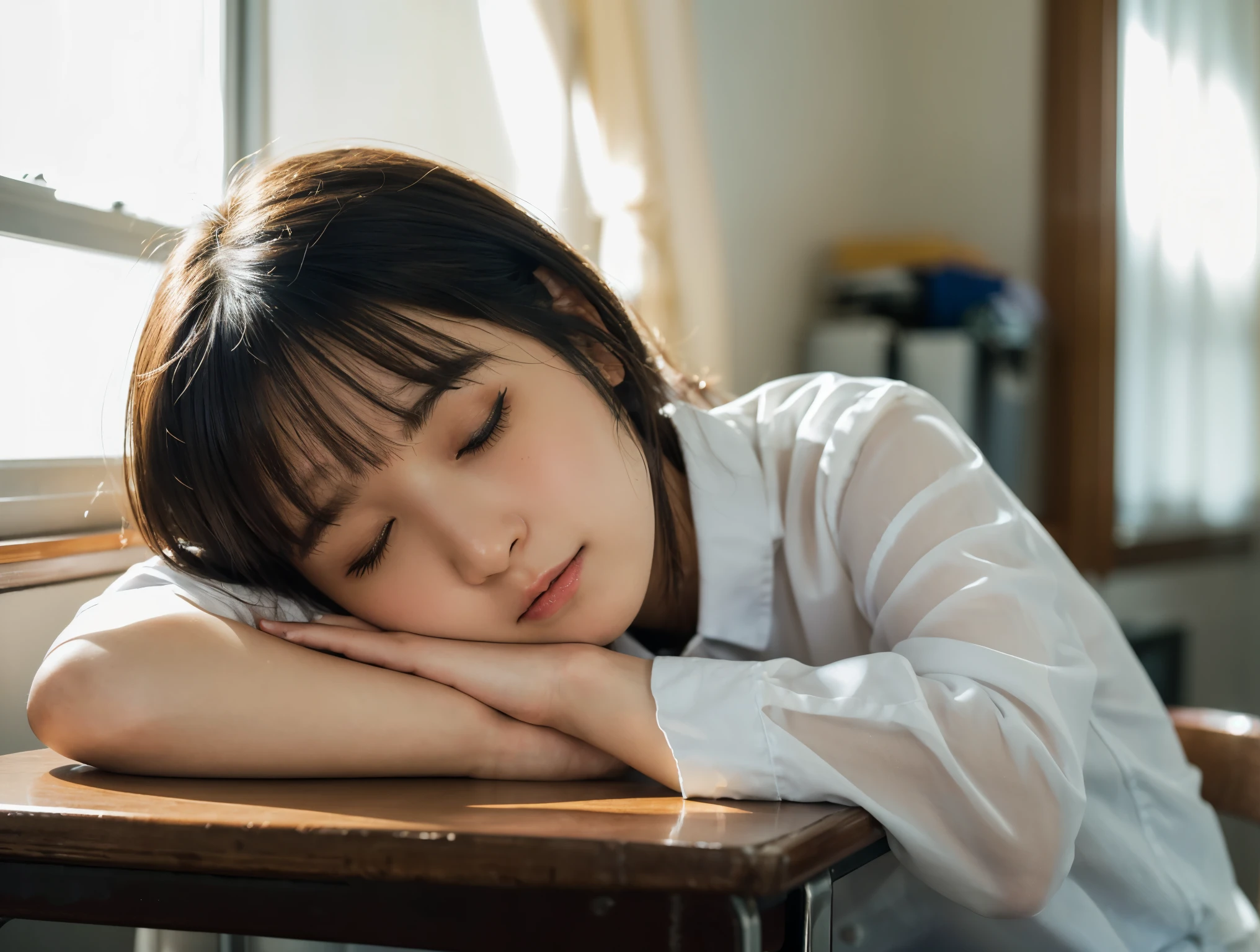 (highest quality,masterpiece:1.3,Ultra-high resolution),(Super detailed,Caustics,8k),(Photorealistic:1.4,RAW shooting),(School classroom),(Girl sleeping with her head on the desk:1.2),Sit on a chair,18-year-old,Japanese,Short black hair,(cute sleeping face),(Eyes closed:1.1),Sailor suit,(The light coming in from the window illuminates the girl:1.1),(Curtains fluttering in the wind),(Bust up shot),(Face Focus:1.1),(Face close up:1.1),Natural light