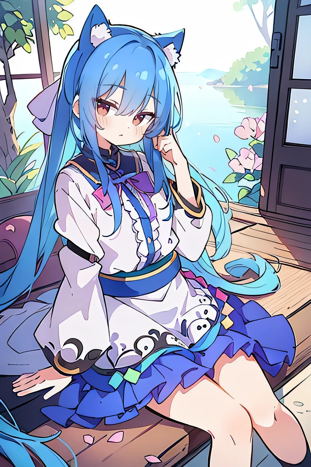 (masterpiece:1.2),ultra-detailed,realistic,expressive eyes,fair-skinned,perfectly shaped face,1girl,
Japanese cartoons,Gorgeous blue hair, flowing blue hair,floating clothes,cat ears,petals falling,beautiful Lola,Hina Angel,
hands on waist,gracefully sitting on the ground,legs crossed,gentle and serene background,cool and comfortable pavilion.