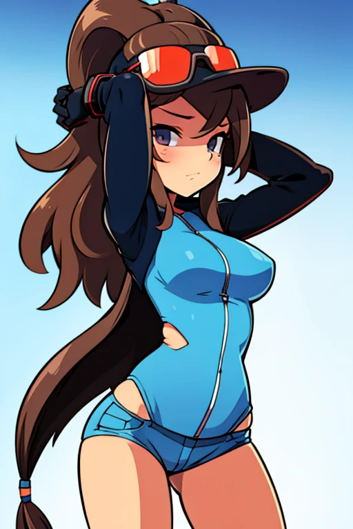 sexy cowgirl, gloved hands hidden behind head, sunglasses