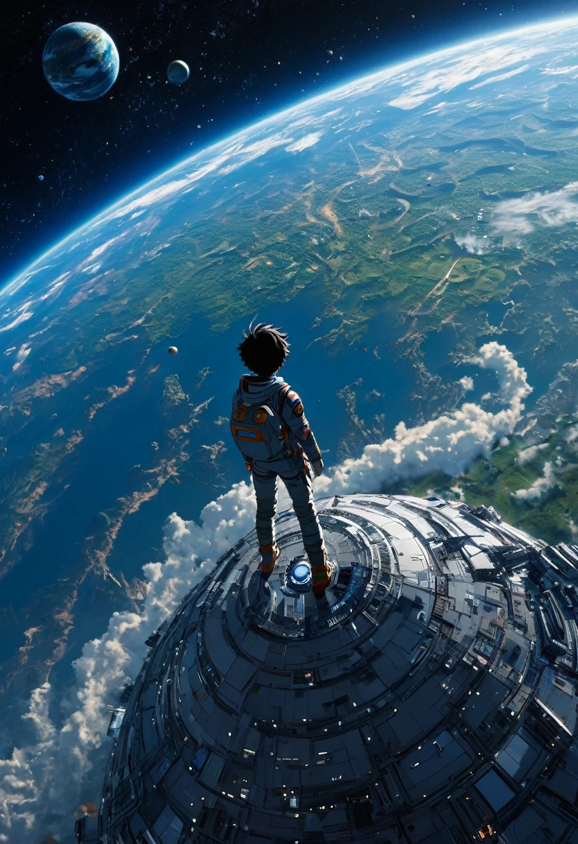 ridiculous resolution, high resolution, (masterpiece:1.4), super detailed, 1boy, seen from above, space, floating, --v 6 .satoru gojo standing in a beautiful landscape with cosmic sky in daylight planet and star