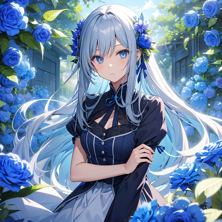blue flowers、Long Hair、2D Anime、Grey Eyes